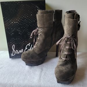 Sam Edelman Vancouver Taupe Suede Lace Up Combat Platform Heeled Boots